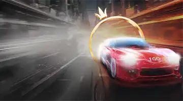 Красный спортивный автомобиль на городской дороге, украшенный логотипом Motor Casino и окружённый золотым кольцом.