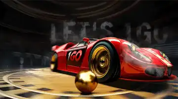 Красный ретро-автомобиль с логотипом Motor Casino в атмосфере классической гонки, дополненный золотым шаром.